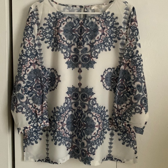 Kenar White and Blue Printed Blouse Size XL EUC - Picture 1 of 10